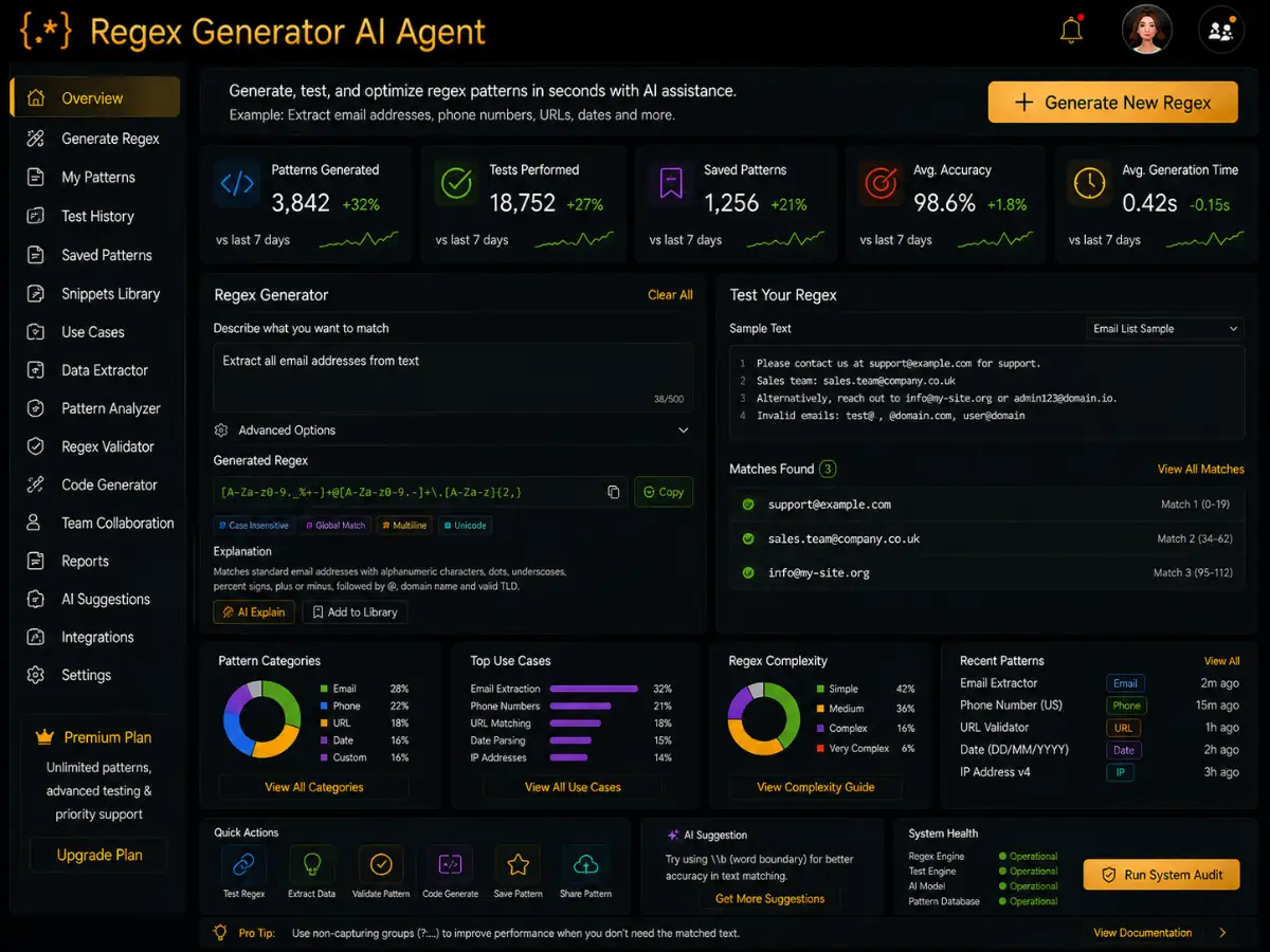 regexgenerator.app AI regex generator app — regex automation planning and handoff dashboard preview